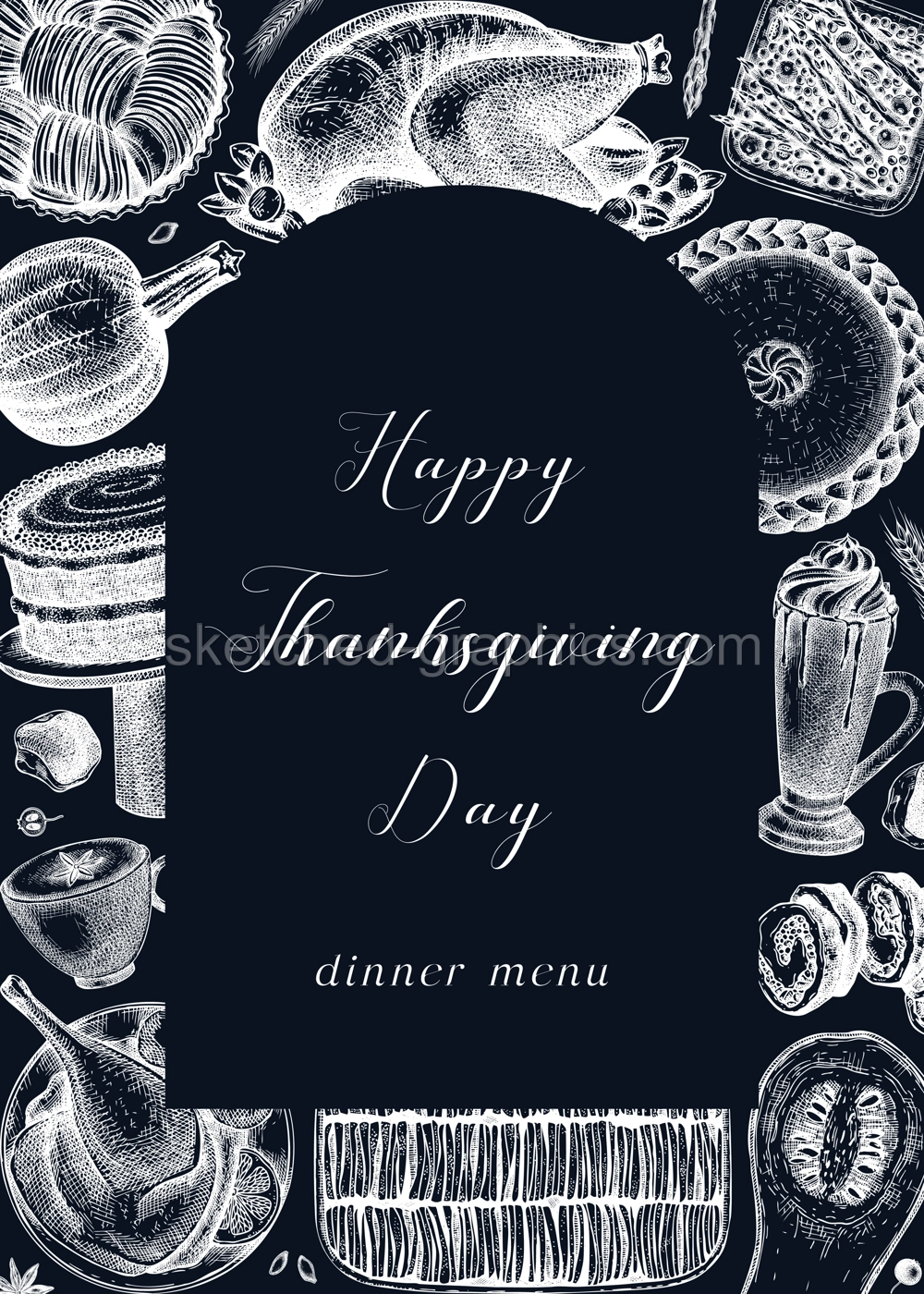 Happy Thanksgiving day.  Food and drinks sketches: roasted turkey, vegetables, baked goods, and desserts sketches. Vintage autumn food template on chalkboard. For Thanksgiving card or invitations Illustration